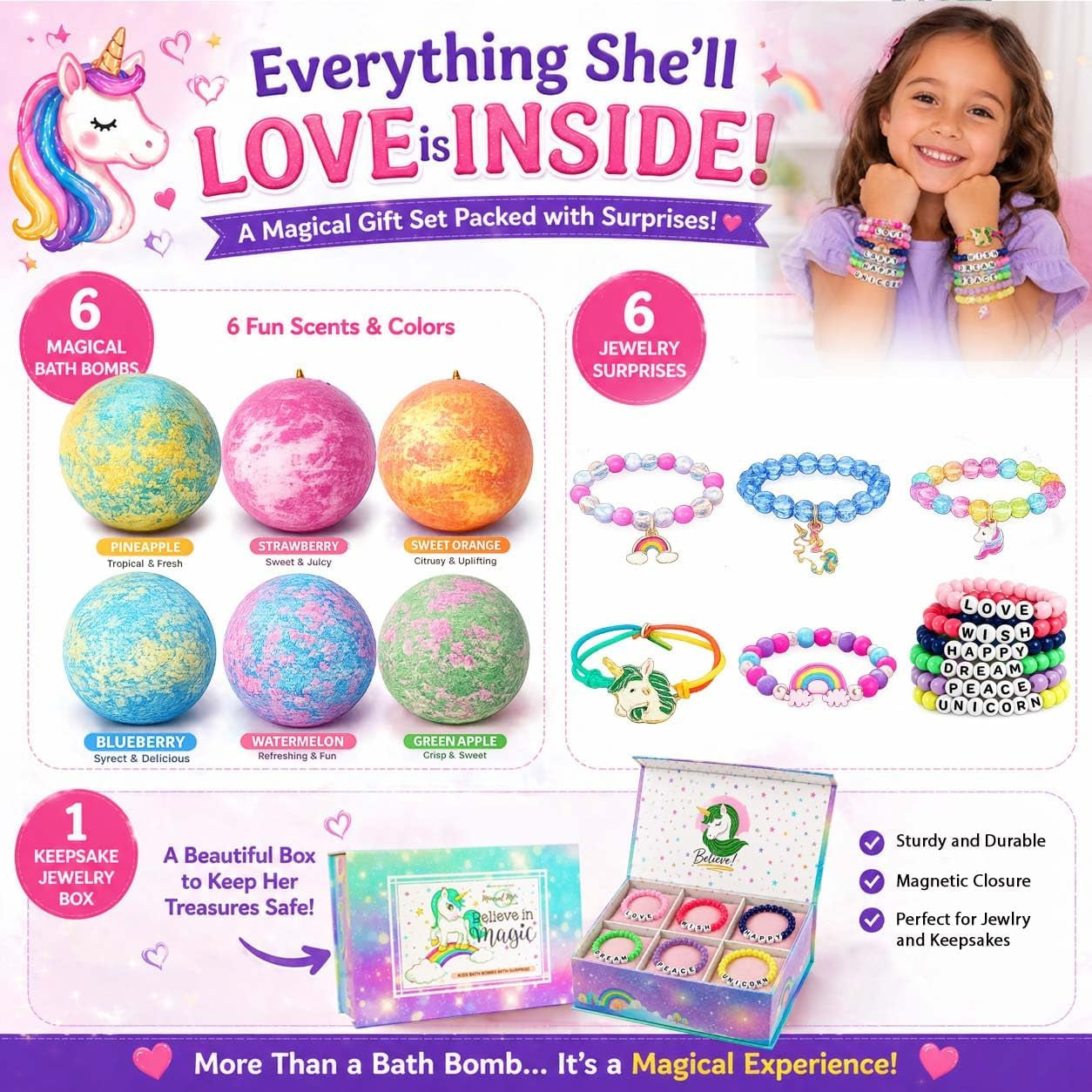 Bath Bombs for Kids with Surprise Inside, Unicorn Bath Bombs for Girls with Jewelry & Jewelry Box for Kids - Organic, Skin Moisturizing, Natural Bubble Bath, Birthday Gifts for Girls