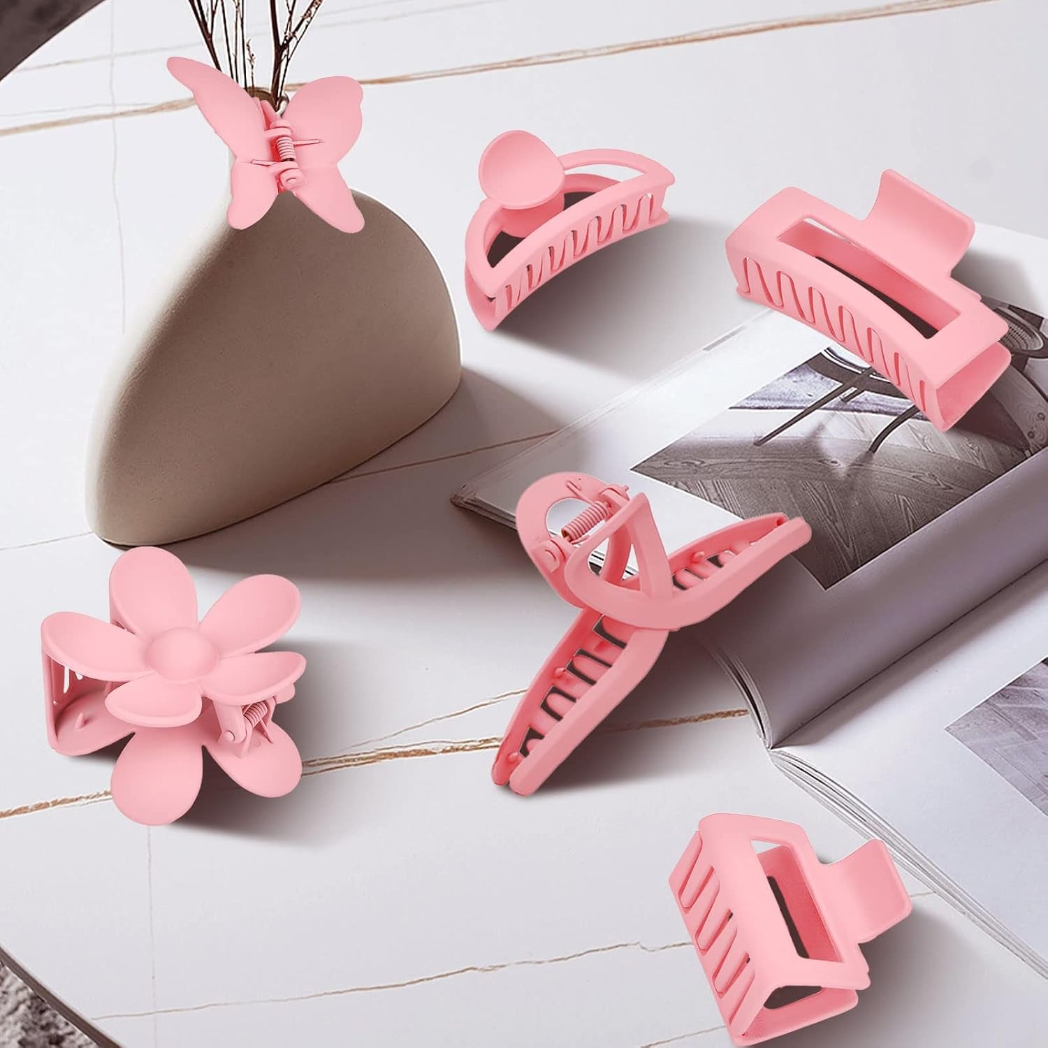 Pink Hair Clips, 6 Pack Cute Hair Clips for Thin Thick Hair 1.85-4.5 Inch Matte Non Slip Jaw Clips Flower Banana Butterfly Claw Clips Hair Accessories for Women and Girls…