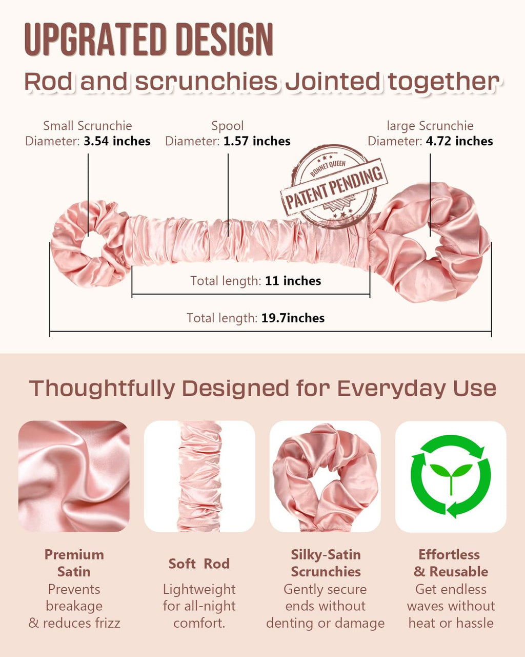Large Satin Heatless Hair Curler for Long Thick Hair, Heatless Curls Overnight, Hair Curlers to Sleep In, Damage-Free Waves for Women with Built-In Scrunchie, Cream Pink