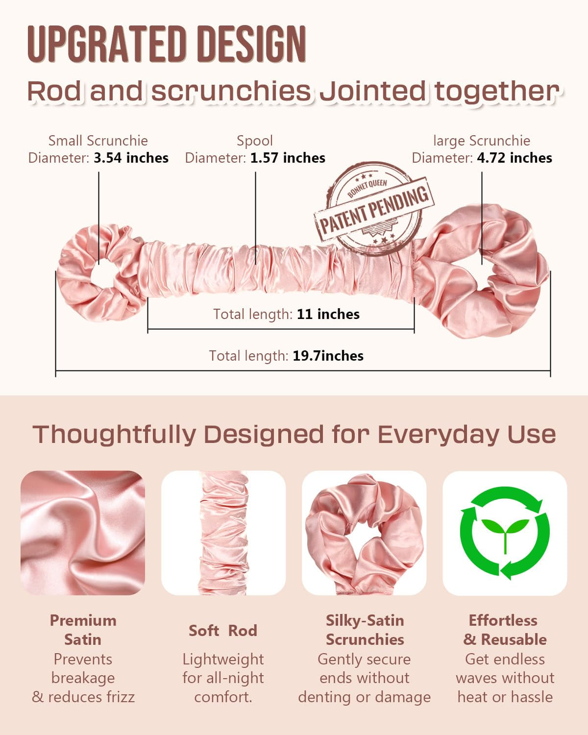 Large Satin Heatless Hair Curler for Long Thick Hair, Heatless Curls Overnight, Hair Curlers to Sleep In, Damage-Free Waves for Women with Built-In Scrunchie, Cream Pink