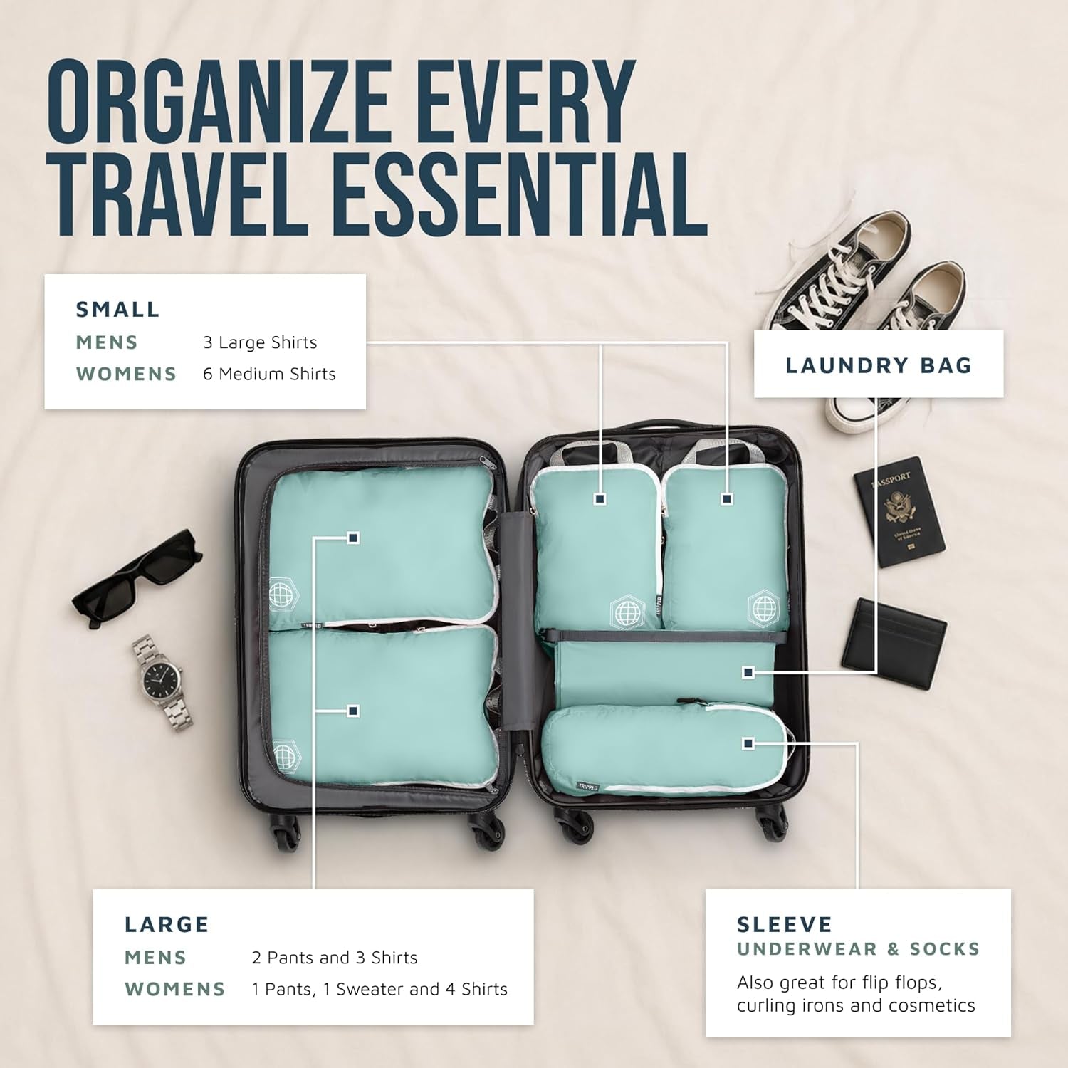 Compression Packing Cubes for Travel, 6-Piece Lightweight Packing Cubes Set for Carry-On Luggage & Backpacks –  (Dusty Teal/White)