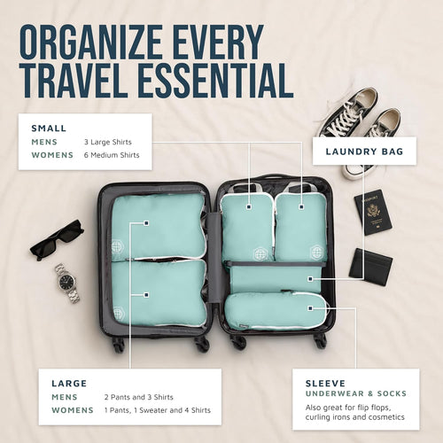 Compression Packing Cubes for Travel, 6-Piece Lightweight Packing Cubes Set for Carry-On Luggage & Backpacks –  (Dusty Teal/White)