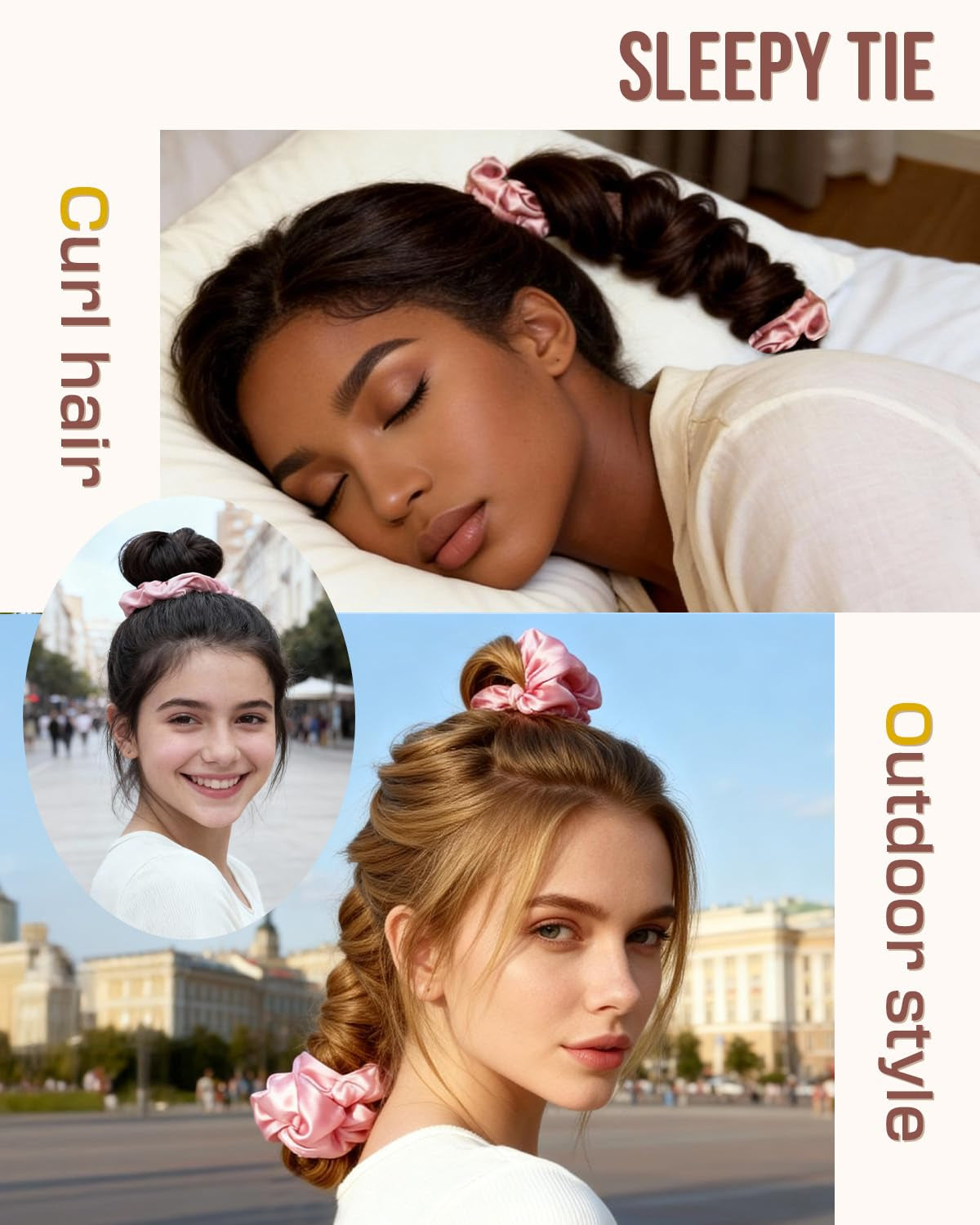 Large Satin Heatless Hair Curler for Long Thick Hair, Heatless Curls Overnight, Hair Curlers to Sleep In, Damage-Free Waves for Women with Built-In Scrunchie, Cream Pink