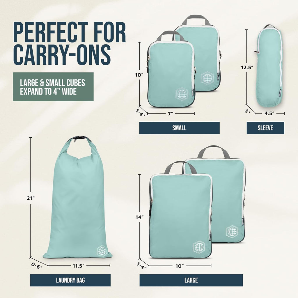 Compression Packing Cubes for Travel, 6-Piece Lightweight Packing Cubes Set for Carry-On Luggage & Backpacks –  (Dusty Teal/White)