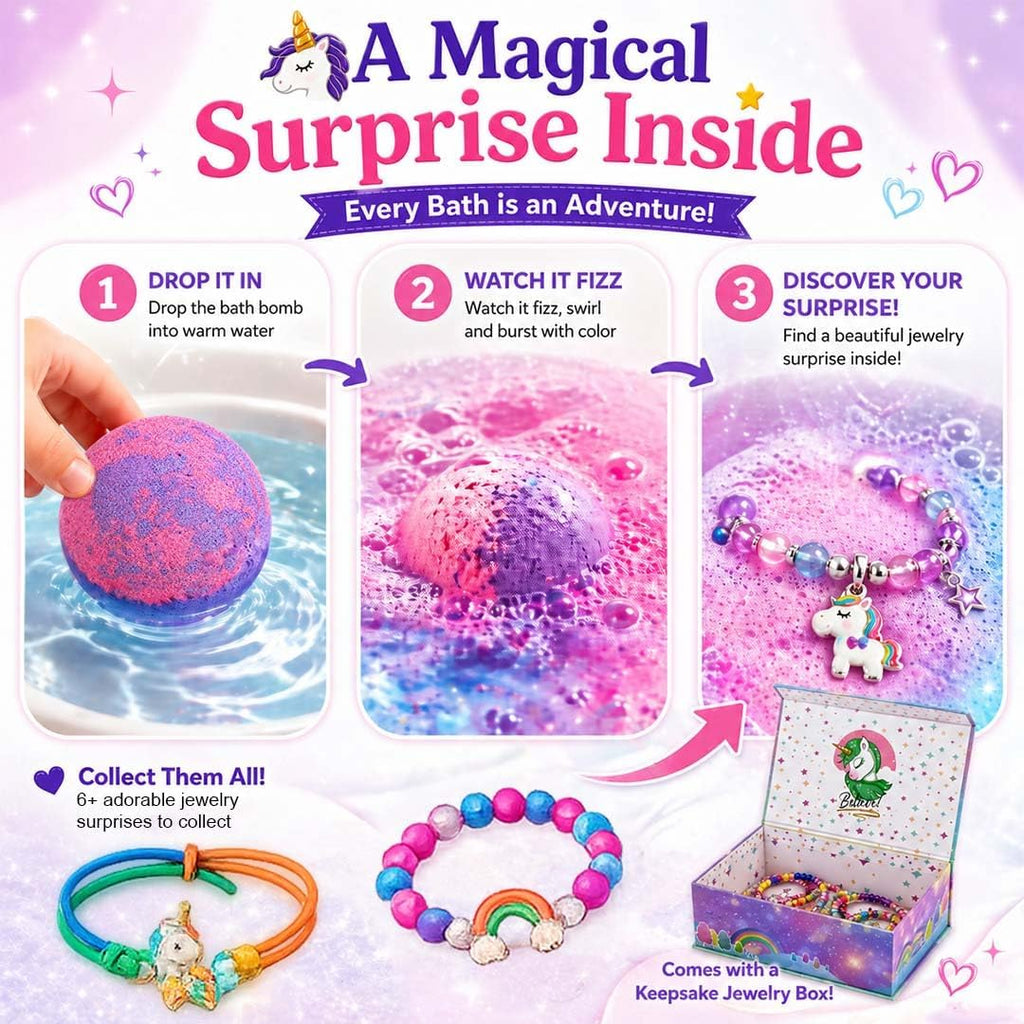 Bath Bombs for Kids with Surprise Inside, Unicorn Bath Bombs for Girls with Jewelry & Jewelry Box for Kids - Organic, Skin Moisturizing, Natural Bubble Bath, Birthday Gifts for Girls