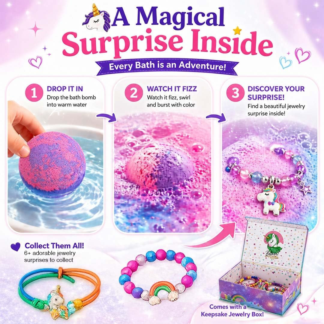 Bath Bombs for Kids with Surprise Inside, Unicorn Bath Bombs for Girls with Jewelry & Jewelry Box for Kids - Organic, Skin Moisturizing, Natural Bubble Bath, Birthday Gifts for Girls