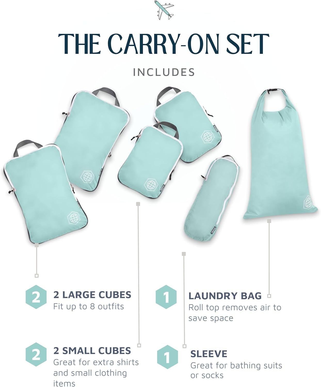 Compression Packing Cubes for Travel, 6-Piece Lightweight Packing Cubes Set for Carry-On Luggage & Backpacks –  (Dusty Teal/White)
