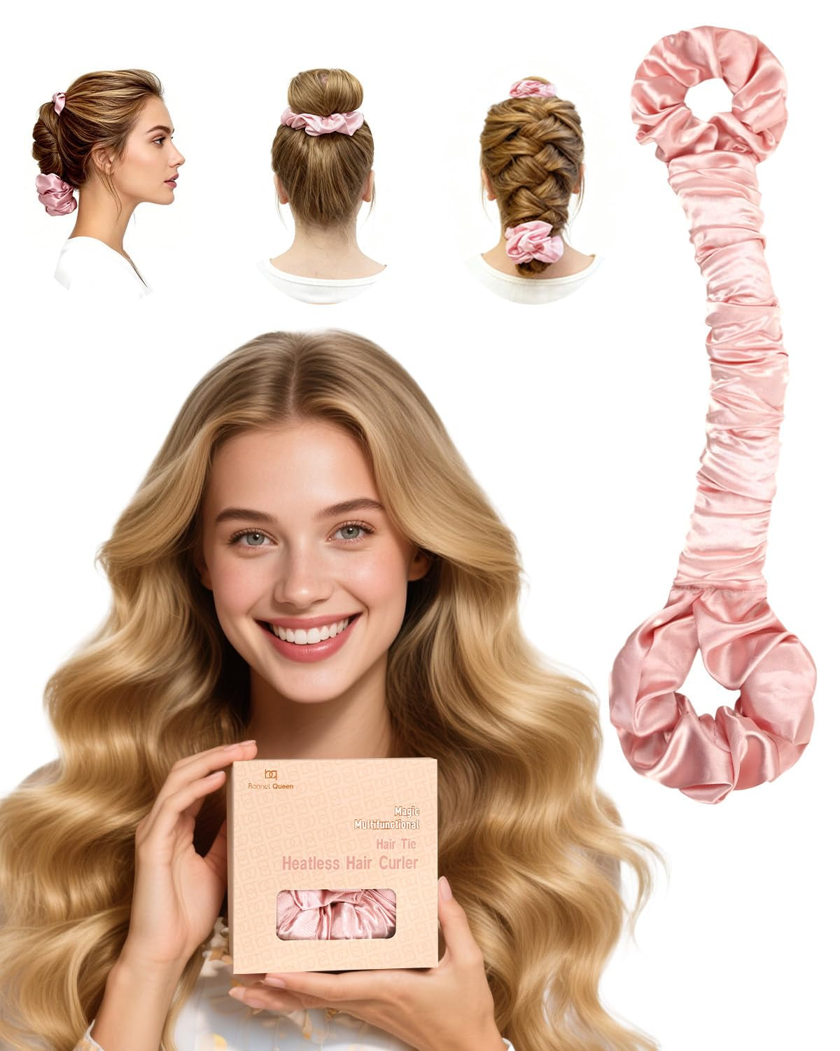 Large Satin Heatless Hair Curler for Long Thick Hair, Heatless Curls Overnight, Hair Curlers to Sleep In, Damage-Free Waves for Women with Built-In Scrunchie, Cream Pink