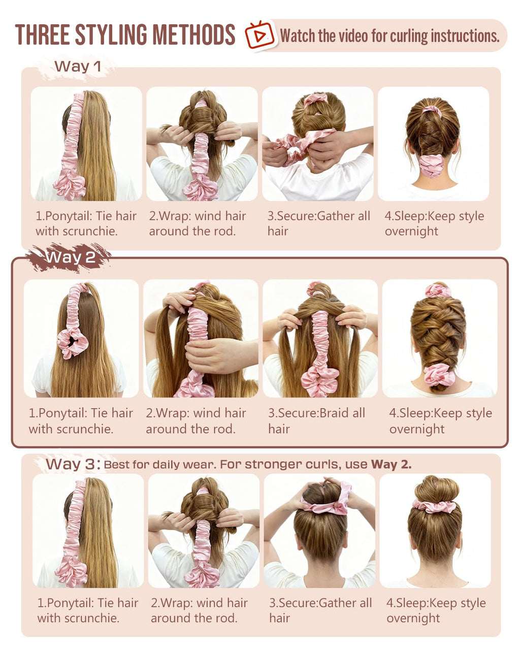 Large Satin Heatless Hair Curler for Long Thick Hair, Heatless Curls Overnight, Hair Curlers to Sleep In, Damage-Free Waves for Women with Built-In Scrunchie, Cream Pink