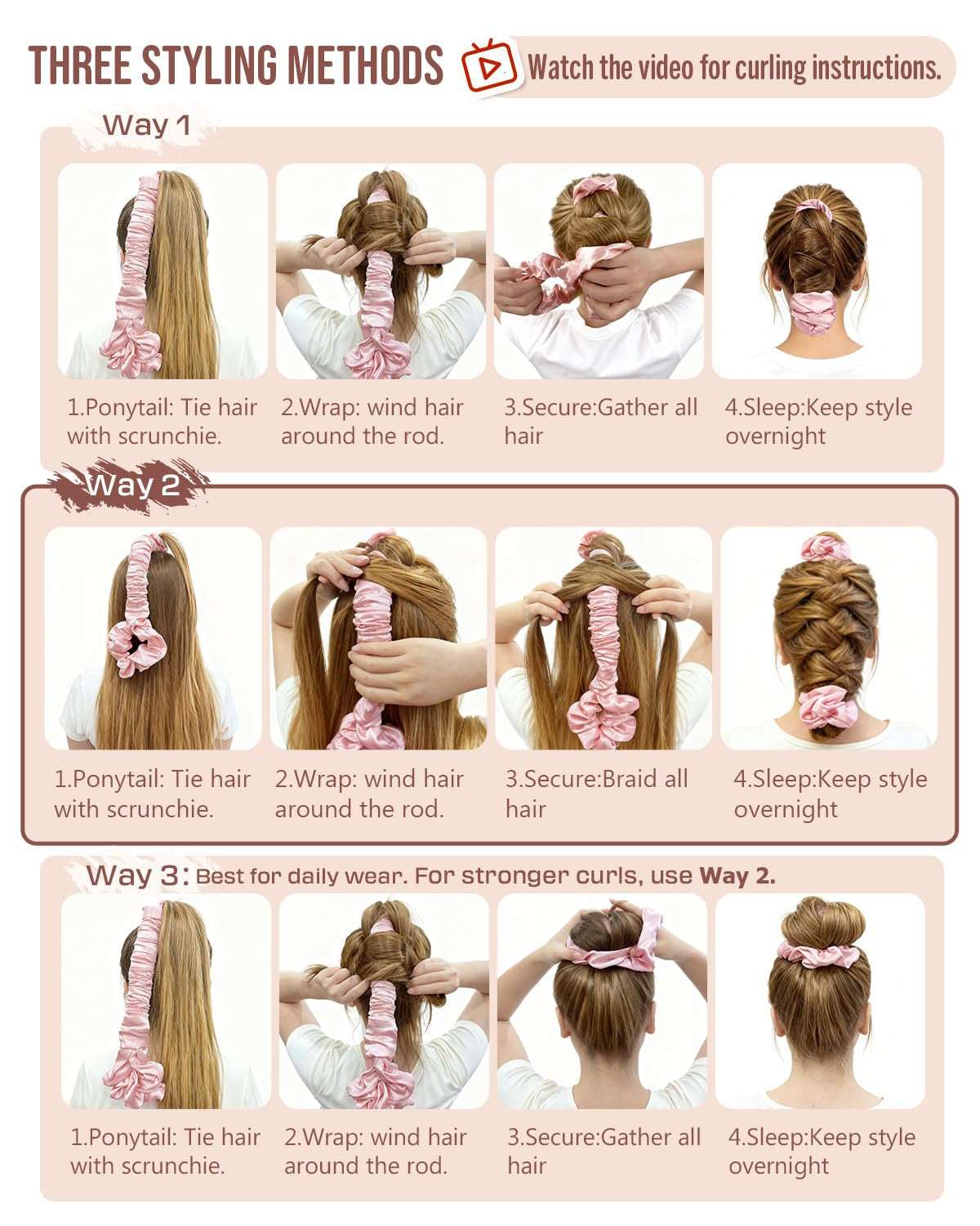 Large Satin Heatless Hair Curler for Long Thick Hair, Heatless Curls Overnight, Hair Curlers to Sleep In, Damage-Free Waves for Women with Built-In Scrunchie, Cream Pink