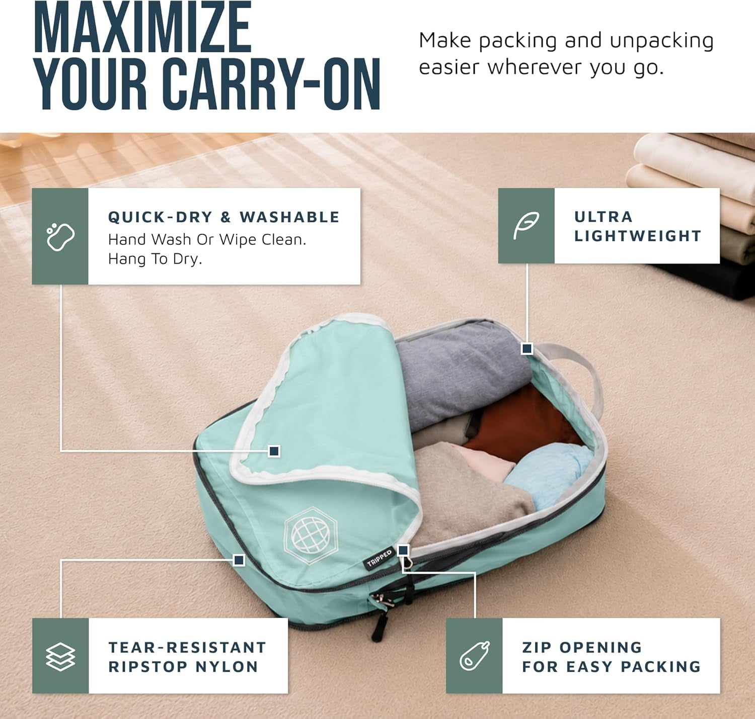Compression Packing Cubes for Travel, 6-Piece Lightweight Packing Cubes Set for Carry-On Luggage & Backpacks –  (Dusty Teal/White)