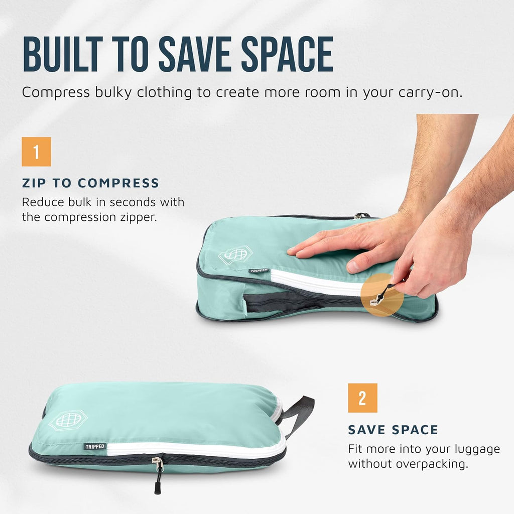 Compression Packing Cubes for Travel, 6-Piece Lightweight Packing Cubes Set for Carry-On Luggage & Backpacks –  (Dusty Teal/White)